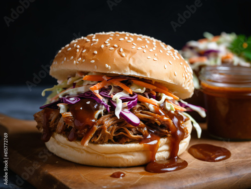 A tray of smoky and tender pulled pork, piled high on a soft bun with coleslaw and barbecue sauce.