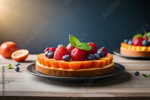 A visually stunning display of sliced and arranged fruits, such as a fruit tart or fruit platter, combining a variety of fruits to create an enticing and visually pleasing composition.