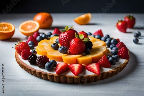 A visually stunning display of sliced and arranged fruits, such as a fruit tart or fruit platter, combining a variety of fruits to create an enticing and visually pleasing composition.