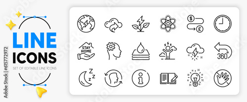 Engineering, Thunderstorm weather and Moon line icons set for app include Eco power, Feedback, Waterproof outline thin icon. Info, Cloud share, Chemistry atom pictogram icon. Idea, Face idTime. Vector