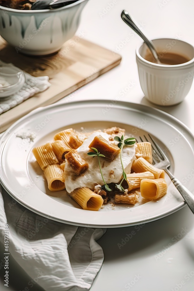 Rigatoni with white cream sauce, pasta with meat on a white plate. Rigatoni with white cream sauce, pasta with meat on a white plate.