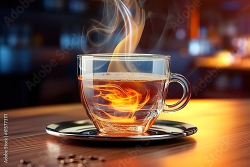 A cup of tea in a transparent glass cup, in a cafe. Generative AI.