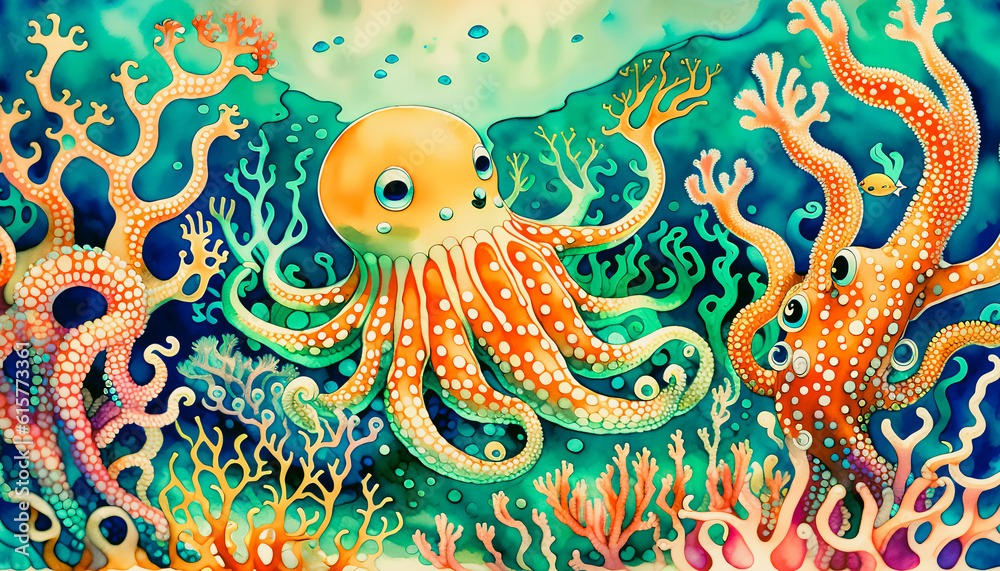Octopus in the Coral Reef: Animals of the Underwater Sea World. Generative AI. Octopus in the Coral Reef: Animals of the Underwater Sea World. Generative AI.