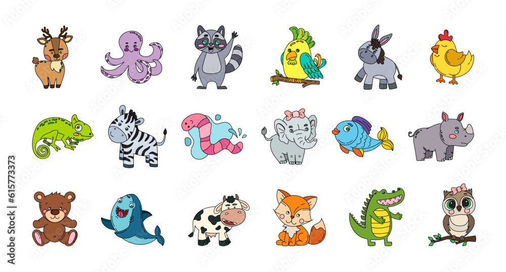 Fototapeta premium Animals Cute Doodle Set Vector Color Illustration Isolated on White Background