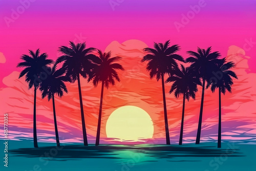 Colorful artwork with sun and palm trees over water  generative ai