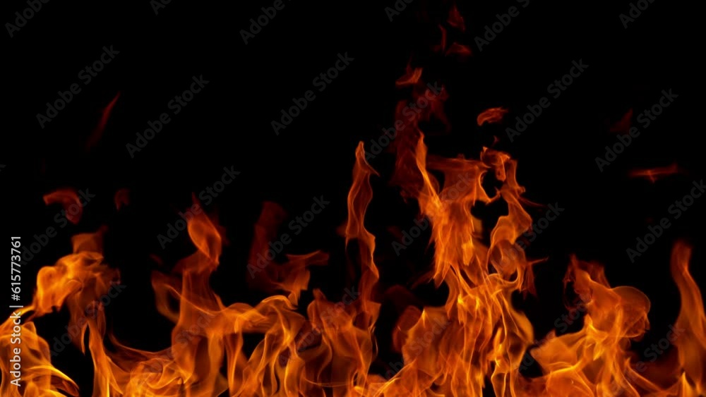 Super slow motion of fire flames isolated on black background. Filmed on high speed cinema camera at 1000 fps