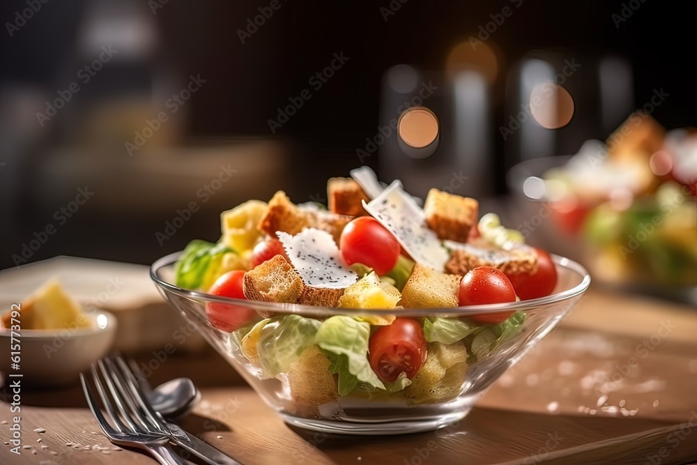 Caesar salad on a white plate. Generative AI. Caesar salad on a white plate. Generative AI.