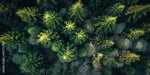 An aerial image of coniferous forest .top down view of evergreen trees  fir  pine. Nature woods background. Foliage wallpaper. Generative AI