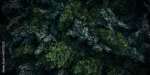 An aerial image of forest texture .top down view of green trees. Nature woods background. Foliage wallpaper. Generative AI