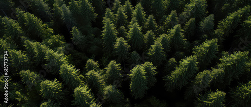 An aerial image of coniferous forest .top down view of evergreen trees  fir  pine. Nature woods background. Foliage wallpaper. Generative AI