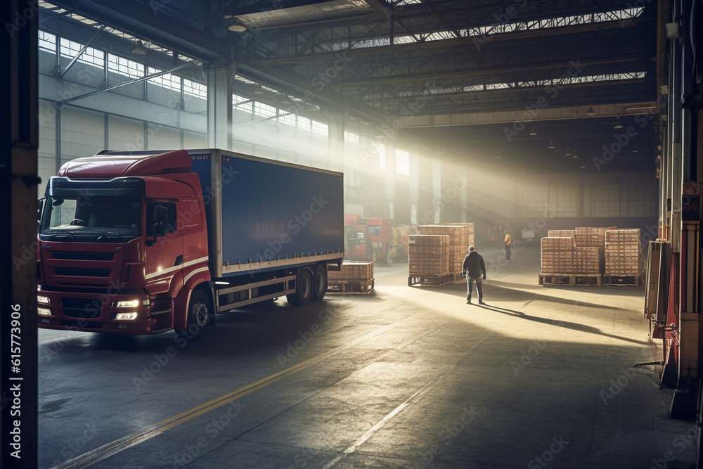 Loading dock area with trucks being loaded and unloaded in a factory, factory, worker, natural light, affinity, bright background Generative AI