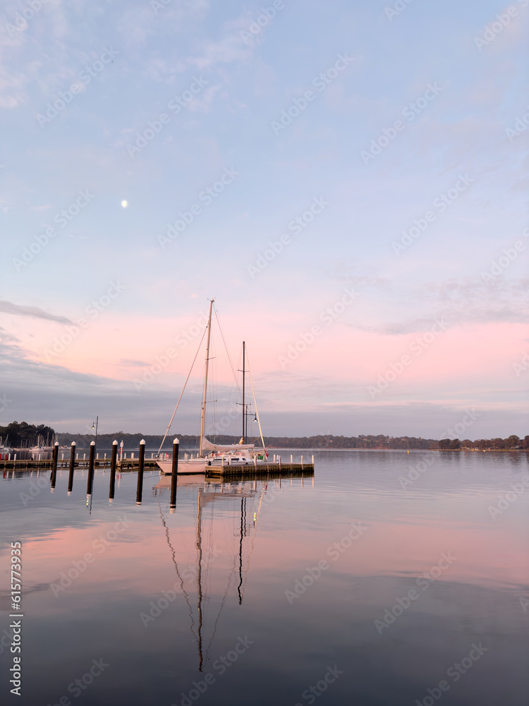 Moored Yacht on Bancroft Bay at Sunset