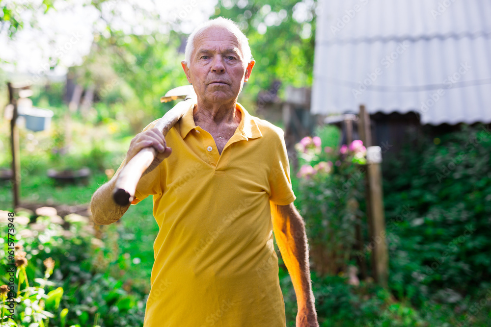 Obraz premium Old man standing in backyard with shovel in hand