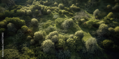 An aerial image of forest .top down view of green trees. Nature woods background. Foliage wallpaper. Generative AI
