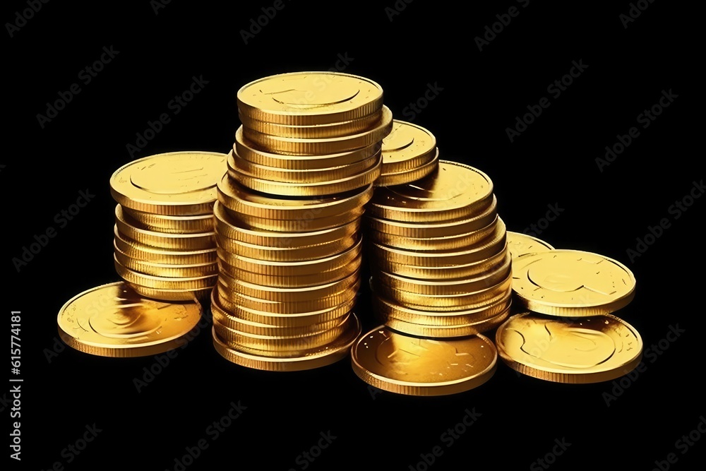 Gold coins stacks pile on black background. Generative AI Gold coins stacks pile on black background. Generative AI