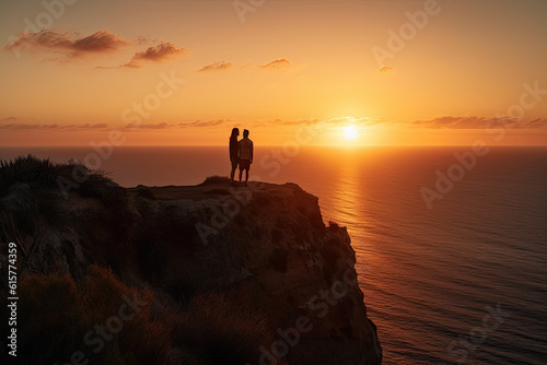 two people standing on the edge of a cliff looking out at the sun setting in the Fototapet