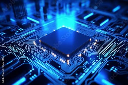 Modern processor in a blue chip board, generative ai photo