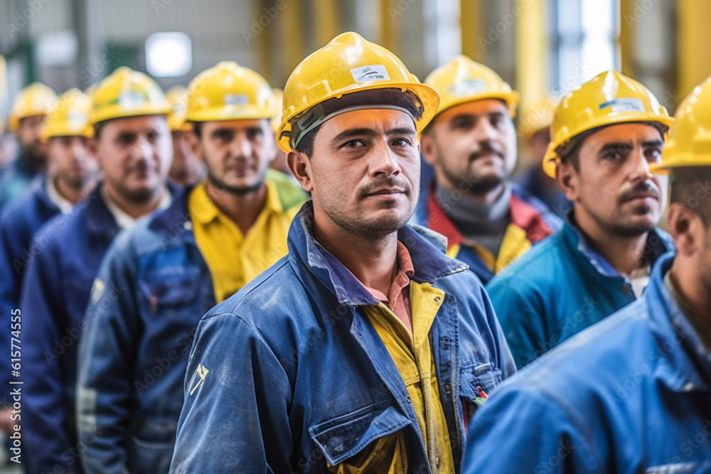 Workers in a factory training session on safety procedures, factory, worker, natural light, affinity, bright background, Labor Day, Generative AI Workers in a factory training session on safety procedures, factory, worker, natural light, affinity, bright background, Labor Day, Generative AI