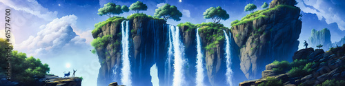 Serene Nightfall  Moonlit Waterfall Amidst Enchanting Scenery. Generative AI.