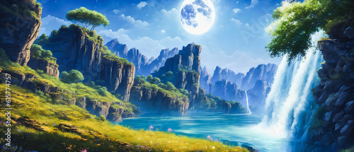 Serene Nightfall  Moonlit Waterfall Amidst Enchanting Scenery. Generative AI.