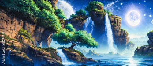 Serene Nightfall: Moonlit Waterfall Amidst Enchanting Scenery. Generative AI. © 4K_Heaven