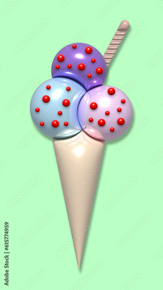 Abstract green background with ice cream cone and scoops, 3D rendering