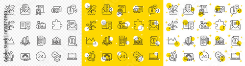 Outline Mail newsletter, Puzzle and Notebook line icons pack for web with Bitcoin chart, Lgbt, Technical info line icon. Search, Employee, Teamwork chart pictogram icon. Salary. Vector