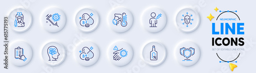 Wash hand, Vitamin b6 and Stress line icons for web app. Pack of Riboflavin vitamin, Vaccination, Sick man pictogram icons. Alcohol free, Face biometrics, Coronavirus vaccine signs. Vector