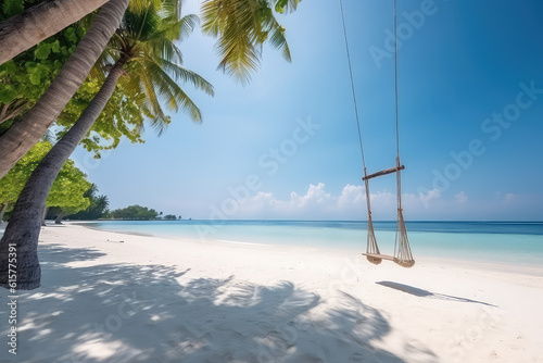 Tropical composition. Simple swing hangs from palm tree on background of ocean shore  white sand beach  clear water and blue sky with white clouds. Generative AI professional photo imitation.