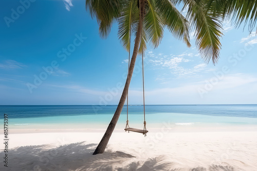 Tropical composition. Simple swing hangs from palm tree on background of ocean shore, white sand beach, clear water and blue clean sky. Generative AI professional photo imitation.