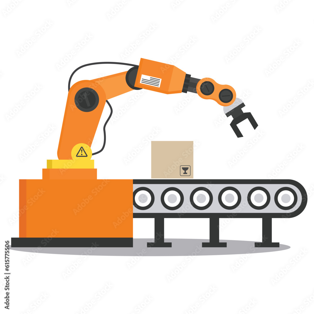Robotic arm hand with roller with box package tool vector design art flat illustration Robotic arm hand with roller with box package tool vector design art flat illustration