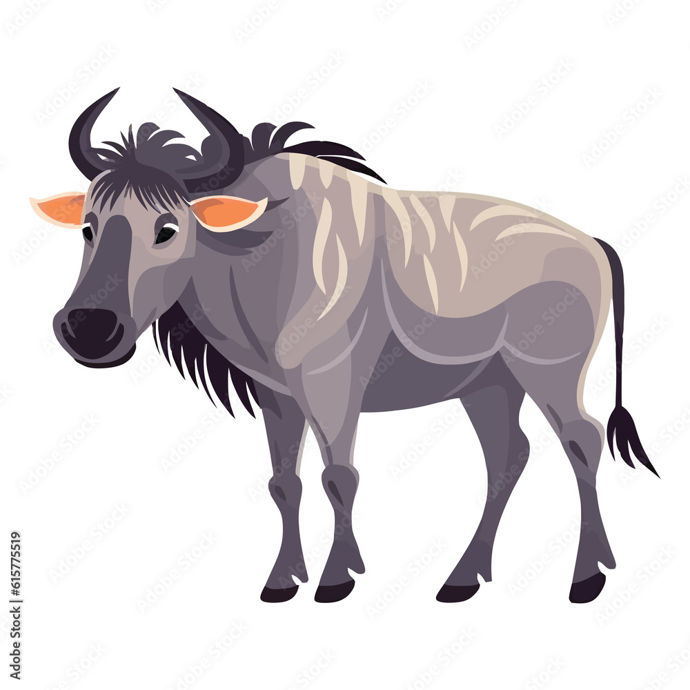 Playful Savannah Wanderer: Cute Wildebeest in a Charming 2D Illustration Playful Savannah Wanderer: Cute Wildebeest in a Charming 2D Illustration