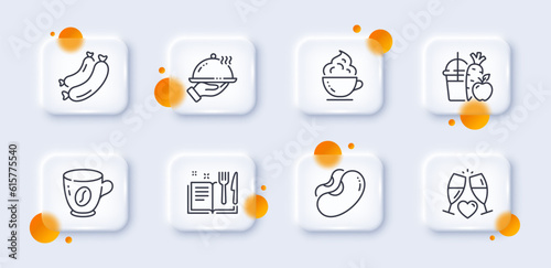 Sausage, Coffee cup and Juice line icons pack. 3d glass buttons with blurred circles. Restaurant food, Wedding glasses, Beans web icon. Coffee, Recipe book pictogram. For web app, printing. Vector