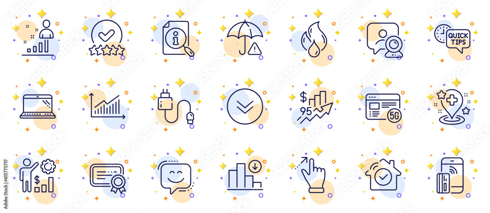 Outline set of Touchscreen gesture, Smile face and Rating stars line icons for web app. Include Charging cable, Decreasing graph, Laptop pictogram icons. Rise price, Video conference. Vector Outline set of Touchscreen gesture, Smile face and Rating stars line icons for web app. Include Charging cable, Decreasing graph, Laptop pictogram icons. Rise price, Video conference. Vector