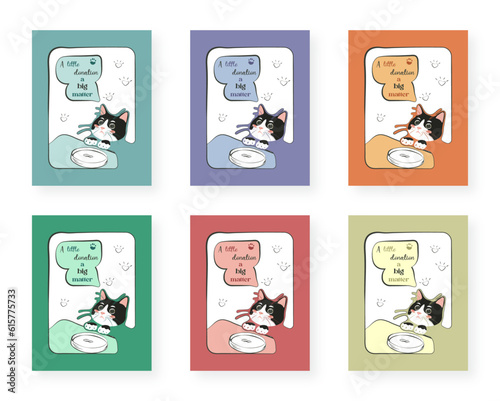 Set of posters about charity for stray animals for social media. Cute cat says "A little donation - A big matter"