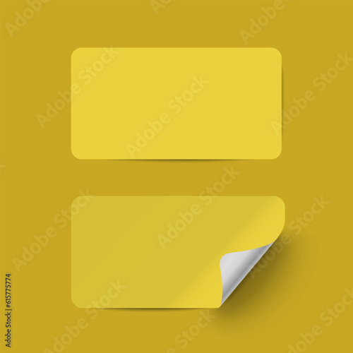 Vector yellow realistic paper adhesive stickers with curved corner on yellow background.