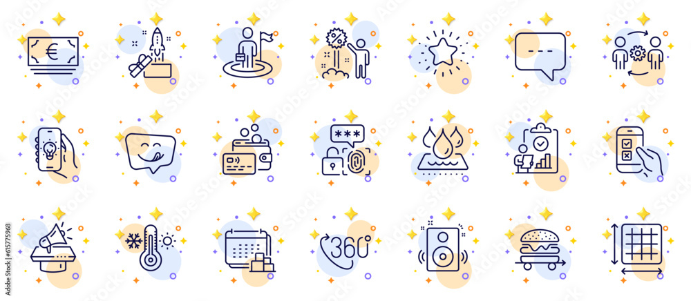 Outline set of Yummy smile, Innovation and Food delivery line icons for web app. Include Mobile survey, Thermometer, Discount pictogram icons. Euro currency, Twinkle star, 360 degree signs. Vector Outline set of Yummy smile, Innovation and Food delivery line icons for web app. Include Mobile survey, Thermometer, Discount pictogram icons. Euro currency, Twinkle star, 360 degree signs. Vector