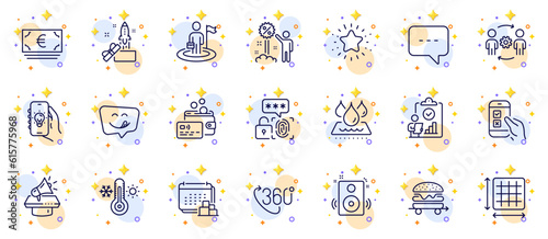 Outline set of Yummy smile, Innovation and Food delivery line icons for web app. Include Mobile survey, Thermometer, Discount pictogram icons. Euro currency, Twinkle star, 360 degree signs. Vector