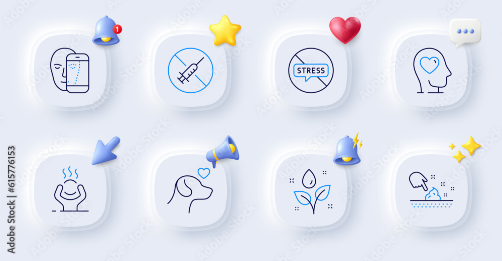 Difficult stress, Stop stress and No vaccine line icons. Buttons with 3d bell, chat speech, cursor. Pack of Skin moisture, Face biometrics, Plants watering icon. Vector Difficult stress, Stop stress and No vaccine line icons. Buttons with 3d bell, chat speech, cursor. Pack of Skin moisture, Face biometrics, Plants watering icon. Vector
