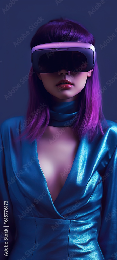 Portrait of a young cyberpunk girl wearing virtual reality goggles. Future technology concept. created with generative AI technology.