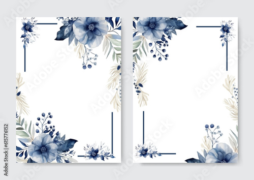 Elegant blue flower floral vector beautiful gold flowers line art on wedding card template watercolor