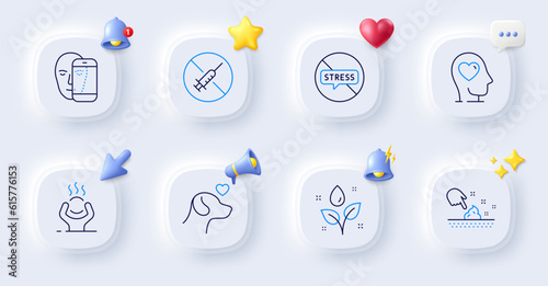 Difficult stress, Stop stress and No vaccine line icons. Buttons with 3d bell, chat speech, cursor. Pack of Skin moisture, Face biometrics, Plants watering icon. Vector