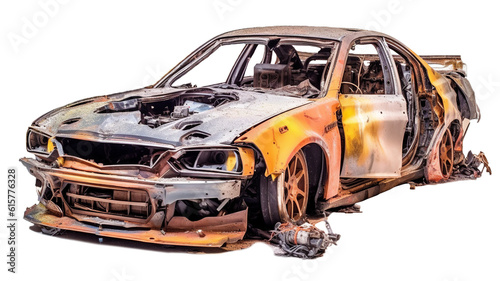 Realistic wrecked burnt-out car. Passenger car. Transparent background. Generative Ai