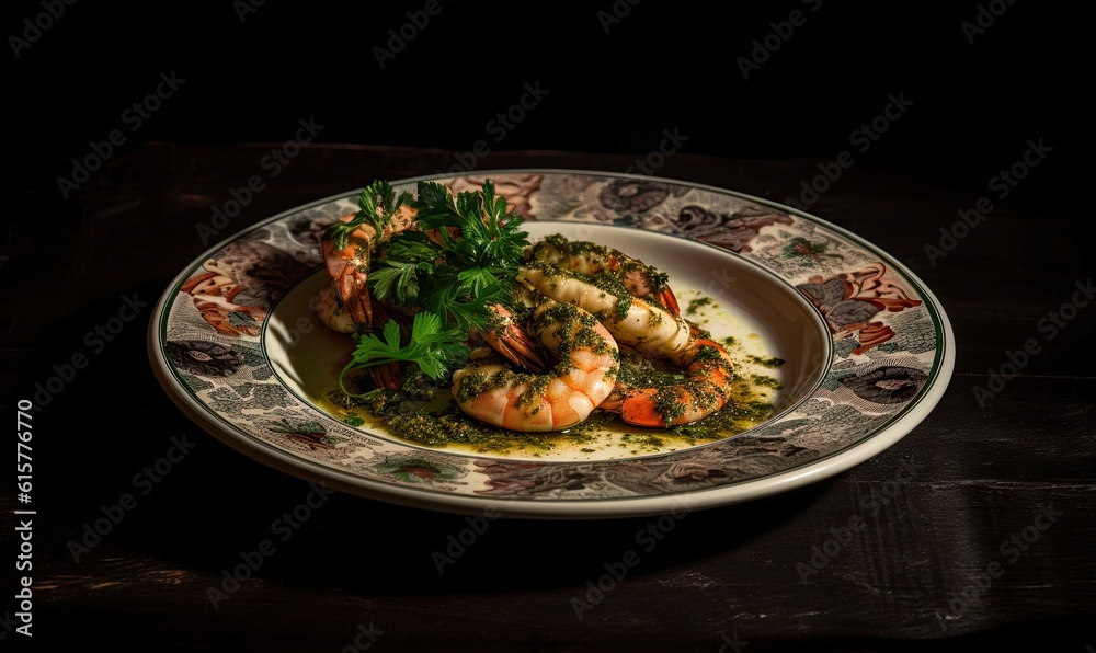An elegant and delicious plate of garlic shrimp with parsley, healthy and protein-rich food. Generative AI An elegant and delicious plate of garlic shrimp with parsley, healthy and protein-rich food. Generative AI