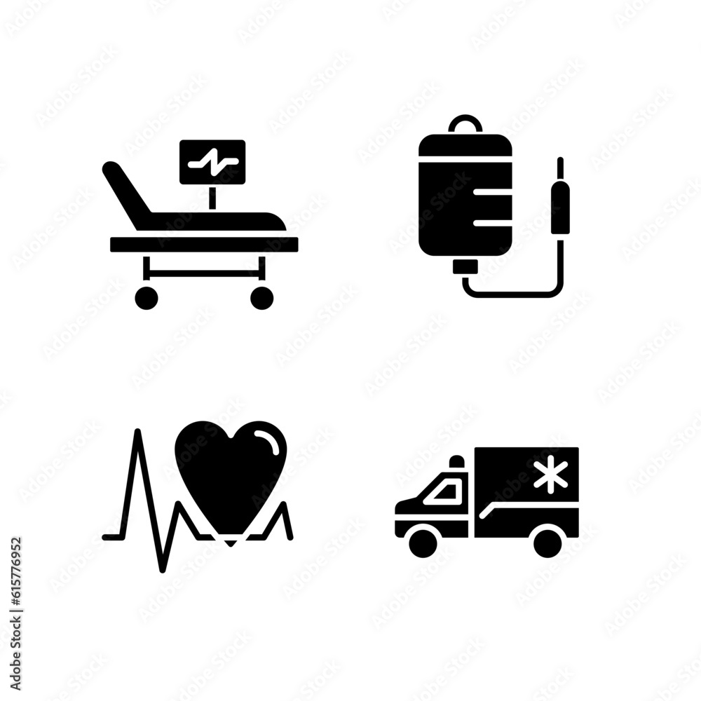 Emergency procedures black glyph icons set on white space. Intensive care treatment. Cardiac resuscitation. Healthcare. Silhouette symbols. Solid pictogram pack. Vector isolated illustration Emergency procedures black glyph icons set on white space. Intensive care treatment. Cardiac resuscitation. Healthcare. Silhouette symbols. Solid pictogram pack. Vector isolated illustration