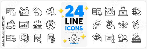 Icons set of Video conference, Help and Stress grows line icons pack for app with Flash memory, Inspect, Brand thin outline icon. Money wallet, Confirmed mail, Music phone pictogram. Vector