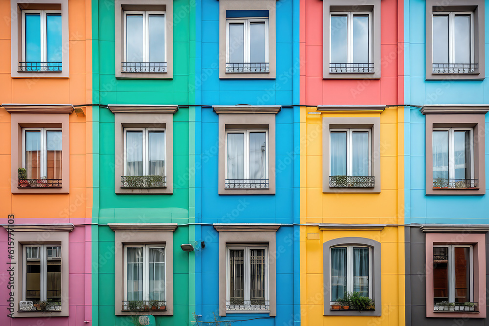 Facade of the building with colorful rainbow windows. Front view of the house with pretty colored windows. Creative architectural wallpaper. Generative AI photo imitation.