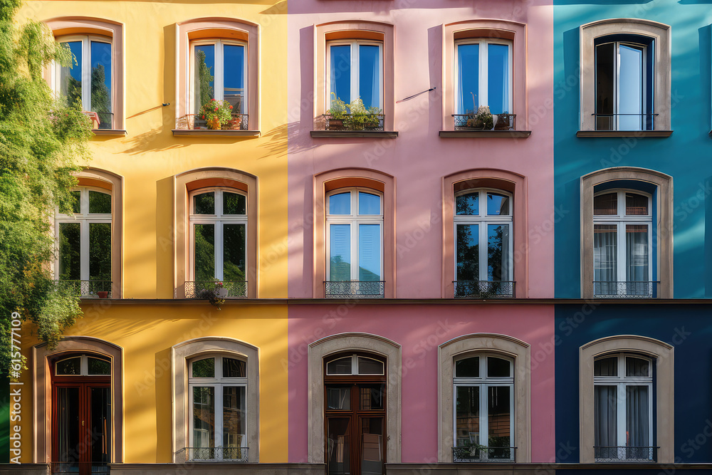 The facade of the building with colorful rainbow windows, sunny day. Front view of the house with colored windows. Creative architectural wallpaper. Generative AI photo imitation.