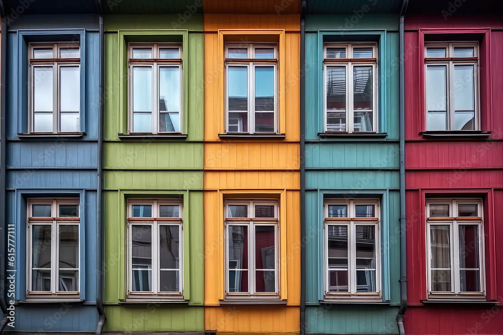 Facade of the building with colorful rainbow painted windows. Front view of the house with colored windows. Creative architectural wallpaper. Generative AI photo imitation.
