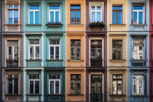 Vintage facade of the building with colorful rainbow windows. Front view of house with colored windows. Creative multi-colored architectural wallpaper. Generative AI photo imitation.